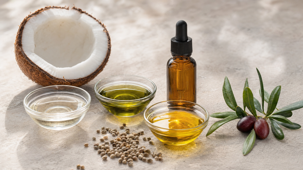 Aceites portadores MCT, de cáñamo y de oliva junto a un frasco cuentagotas de aceite de CBD Imagen