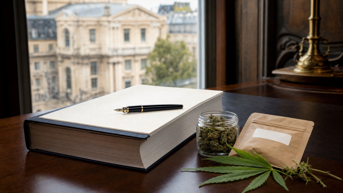 Proposition de loi posée sur un bureau à côté d’un bocal de fleurs de chanvre et d’un sachet kraft étiqueté Imagen