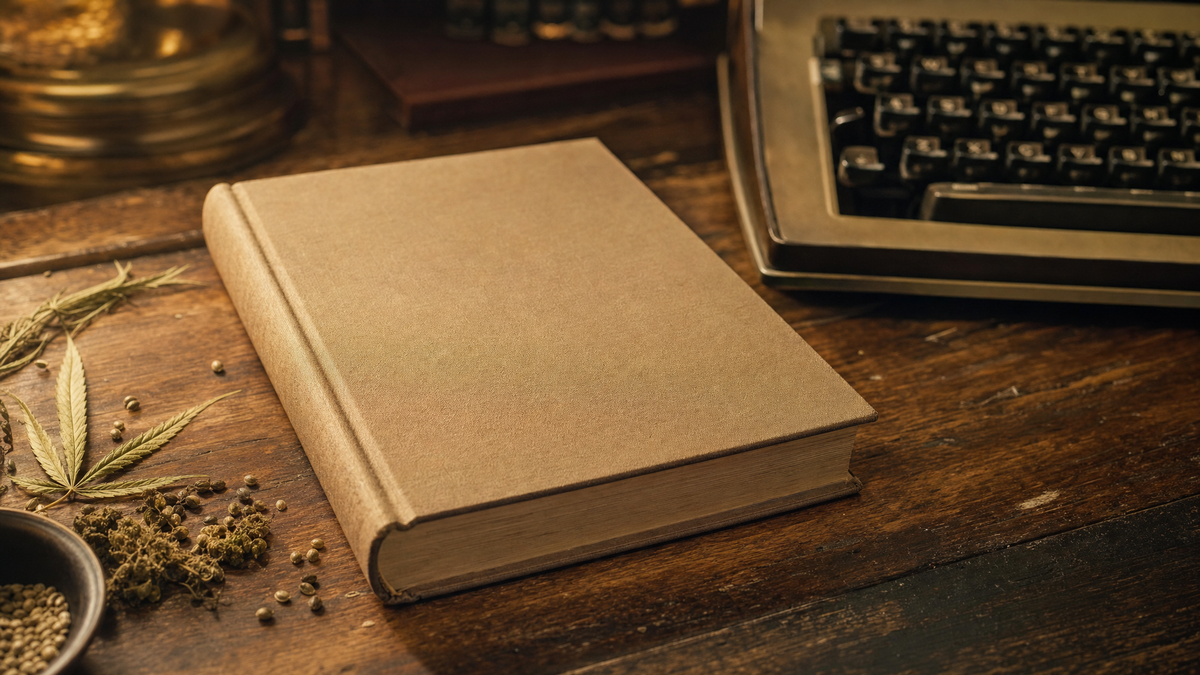 Livre ancien, machine à écrire et feuilles de chanvre évoquant l’histoire de l’activiste Jack Herer Imagen